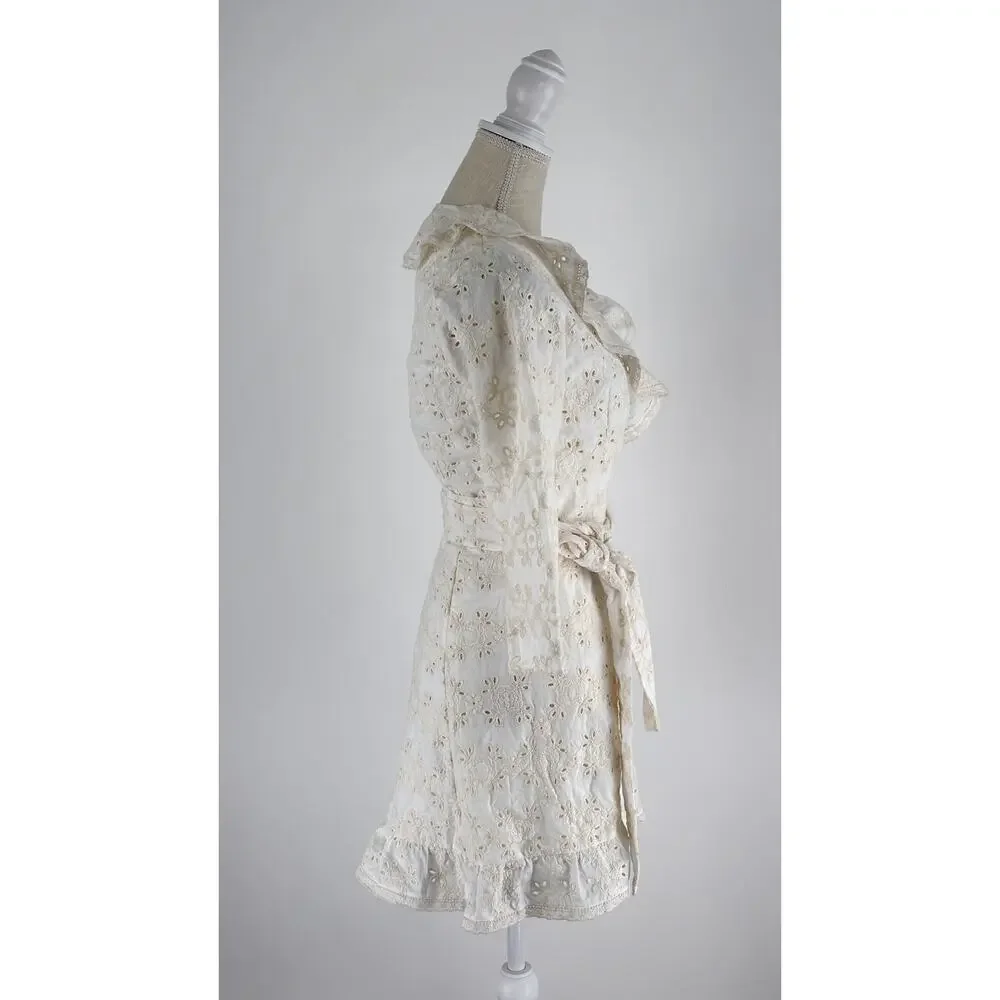 Sezane Robe Asianne Eyelet Mini Wrap Dress Womens Size 2 Ecru Cream New Flawed
